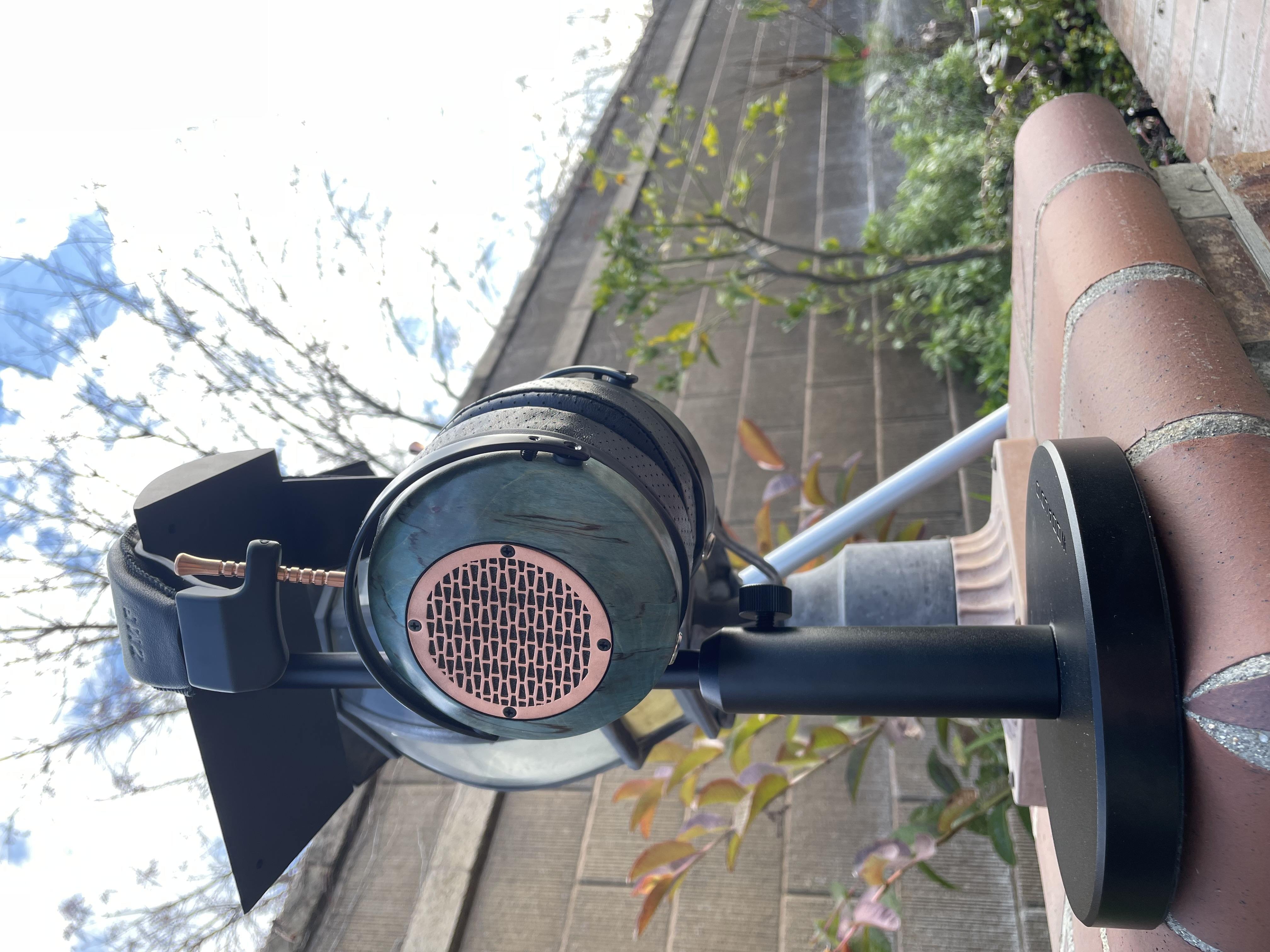 ZMF Auteur (Vaskas) on a Woo Audio headphone stand in backyard #5